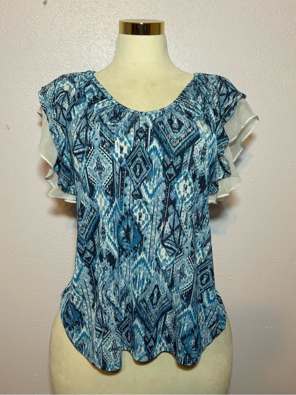 CURE. Blue Ikat-Print Ruffle Sleeve Blouse, size M